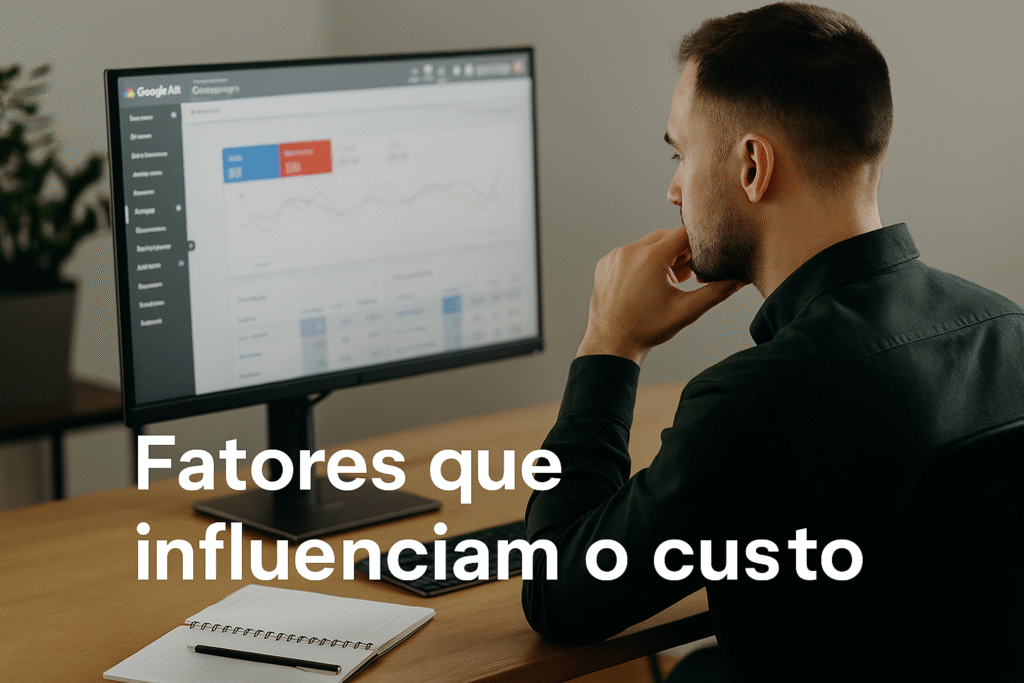 Homem analisando campanha do Google Ads em monitor com gráficos de métricas.