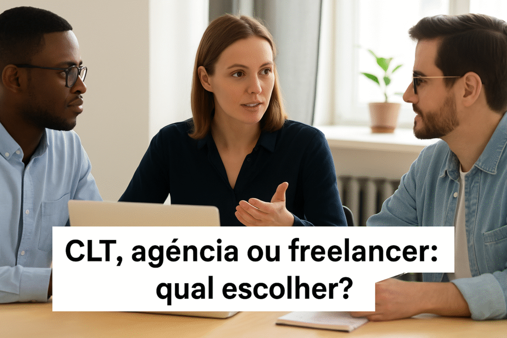 Três profissionais conversando em reunião sobre contratação de serviços de Google Ads.
