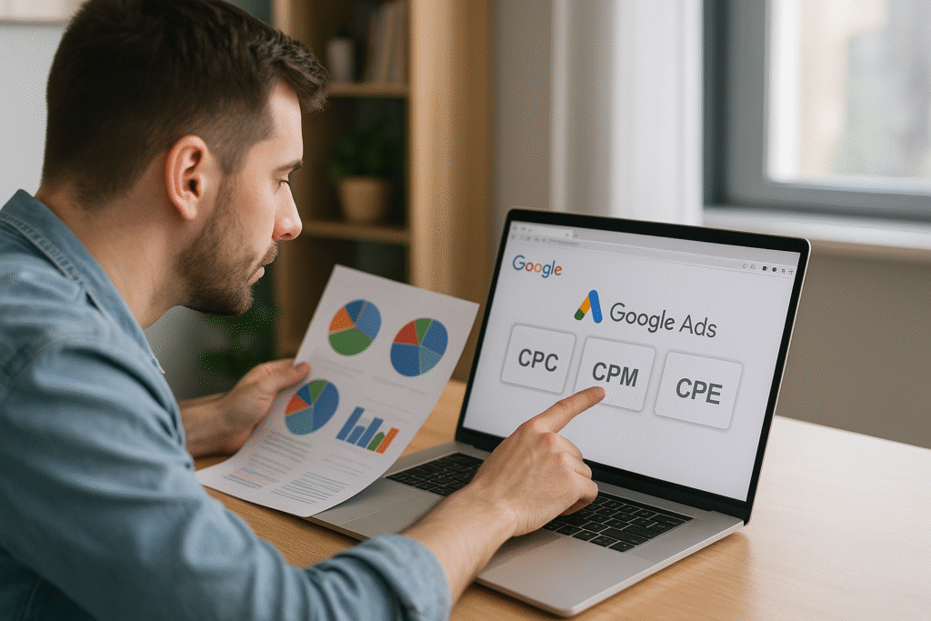 Usuário estudando modelos de cobrança no Google Ads como CPC, CPM e CPA.