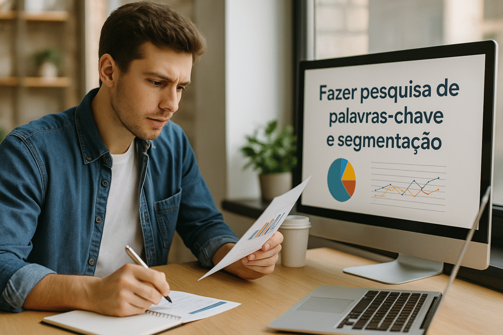 Jovem analisando gráficos e fazendo anotações sobre segmentação de público