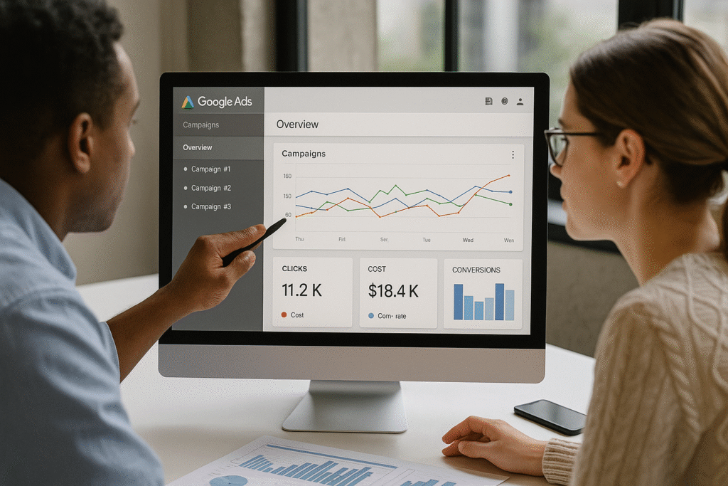 Consultor explicando gráficos de campanhas do Google Ads em reunião com cliente
