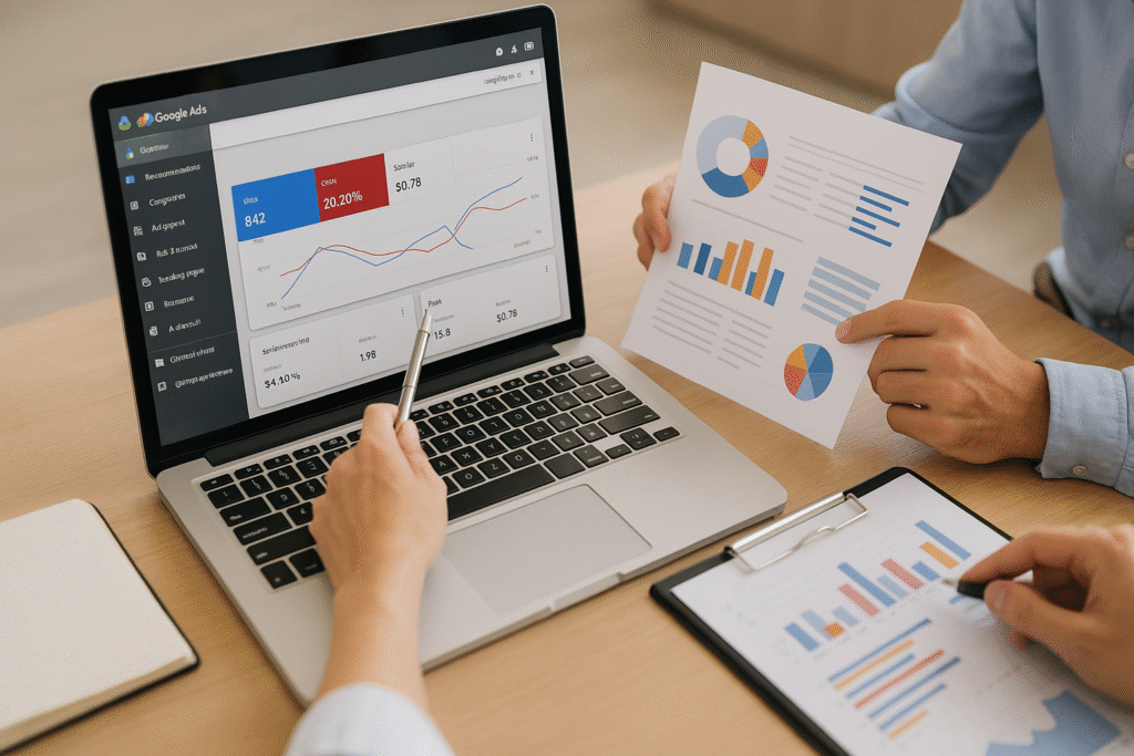 Consultor apresentando custos e métricas de anúncios Google Ads para cliente
