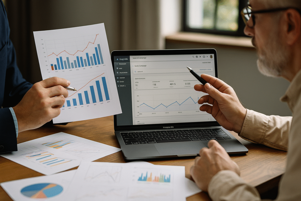Profissionais discutindo orçamento ideal com gráficos e painel do Google Ads