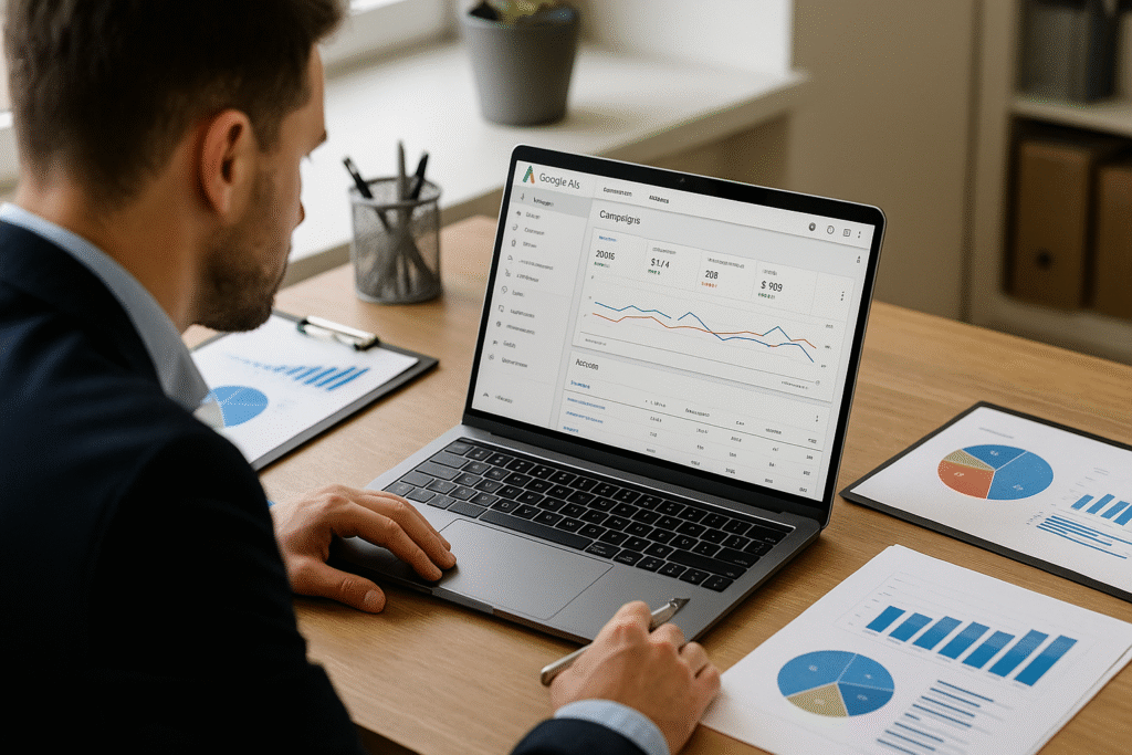 Consultor de google ads analisando relatórios e dados de campanhas Google Ads em ambiente profissional