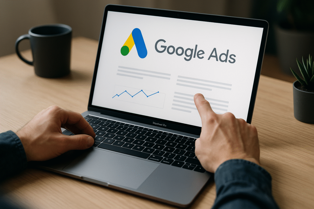 Mãos interagindo com laptop mostrando Google Ads e gráficos de desempenho.