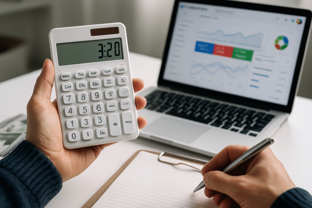 Pessoa segurando calculadora e anotando dados ao lado de gráficos digitais.