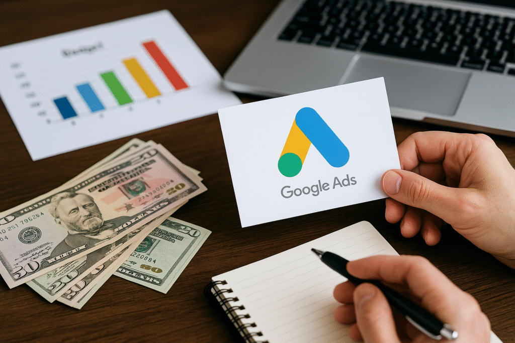 Mãos segurando cartão do Google Ads e analisando gráfico impresso ao lado de cédulas.