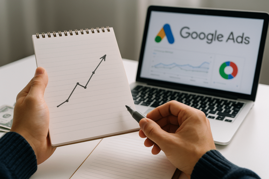 Mão desenhando gráfico de crescimento com Google Ads ao fundo.